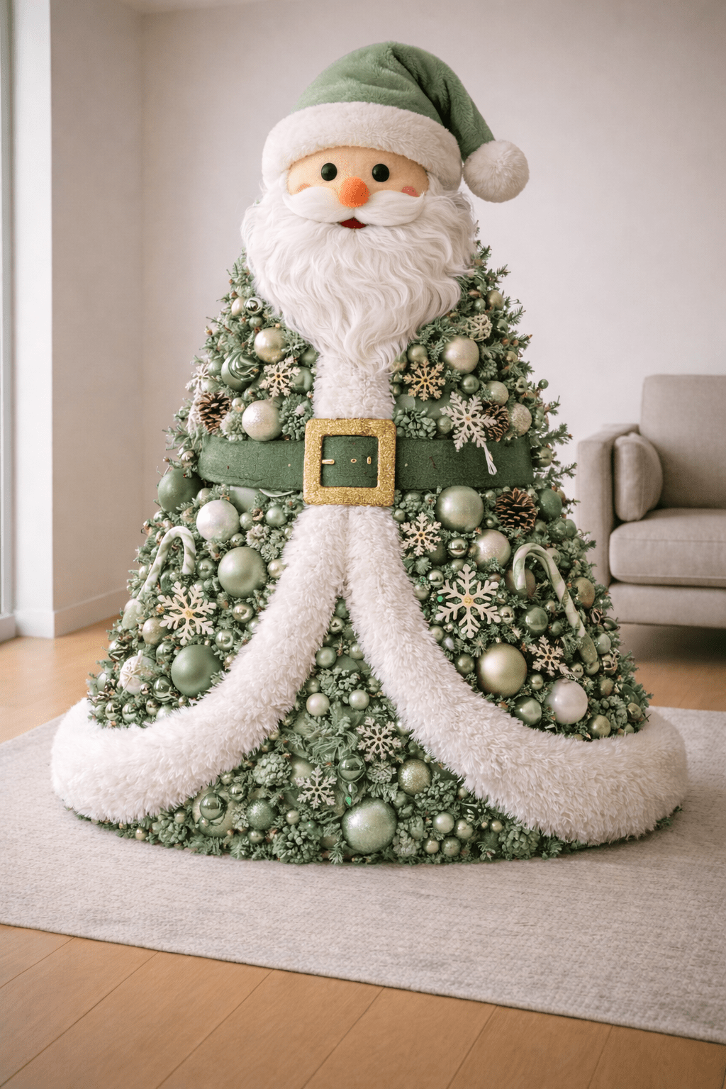 Green Santa Christmas tree dress with natural festive decorations in a contemporary home