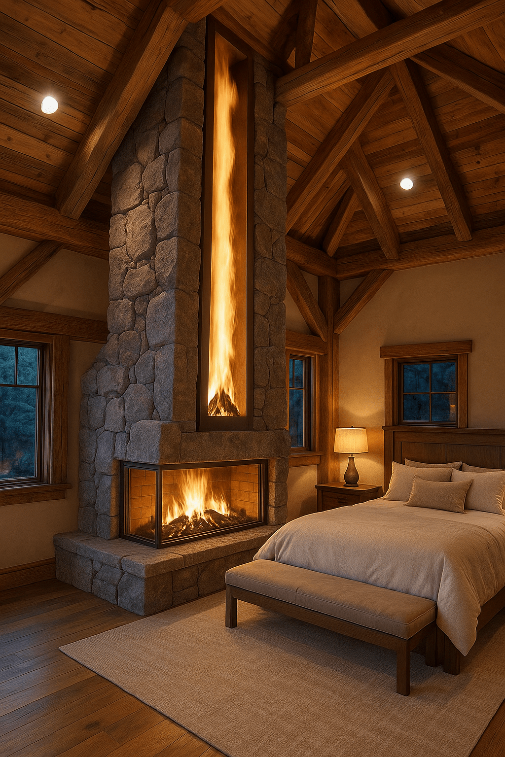 Elegant bedroom with a tall vertical fireplace set into a stone wall beneath exposed wooden beams