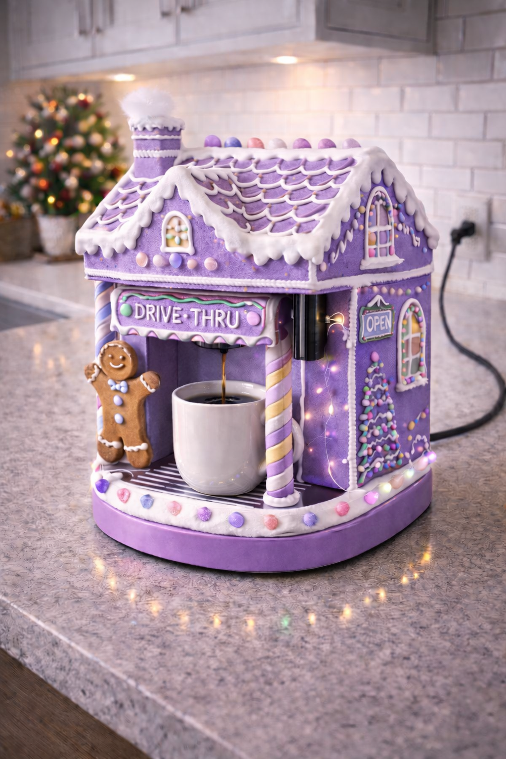 Pastel purple gingerbread house coffee machine with drive-thru sign and festive lights