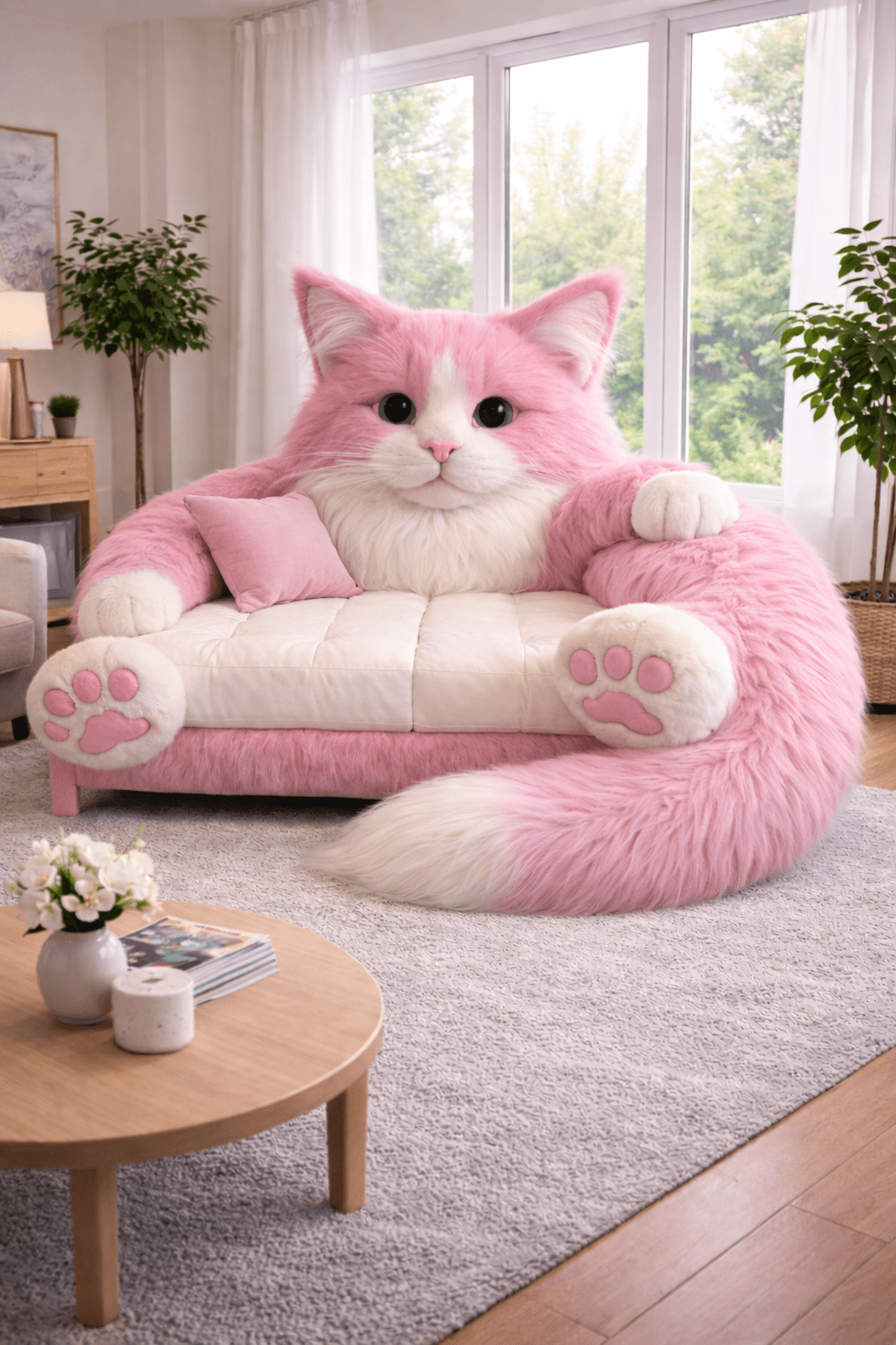 Large pink cat-shaped statement sofa with curled tail and plush cushions
