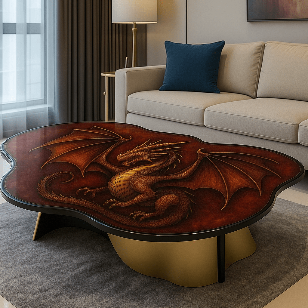 Red dragon resin coffee table featuring gold dragon artwork in a modern living room
