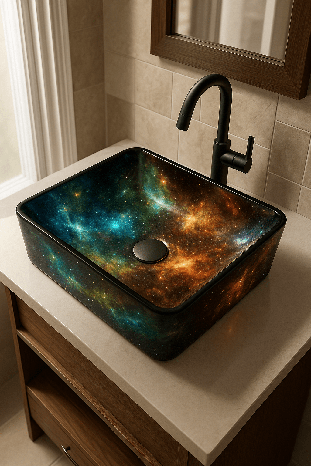 Multicolour cosmic galaxy bathroom sink with vibrant nebula pattern