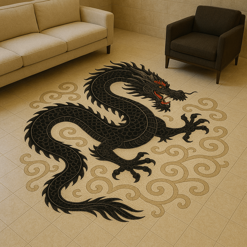 A dramatic black dragon mosaic floor with cloud accents in a modern beige-toned living room.
