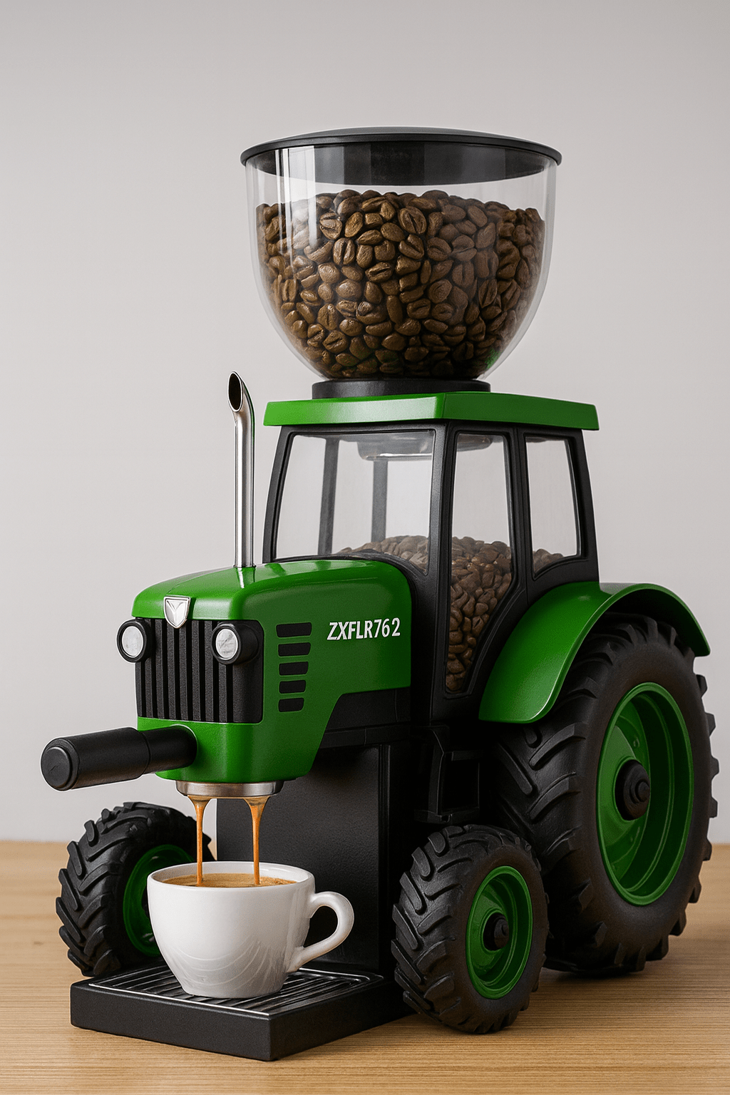 Green tractor coffee machine with coffee bean hopper and espresso spout