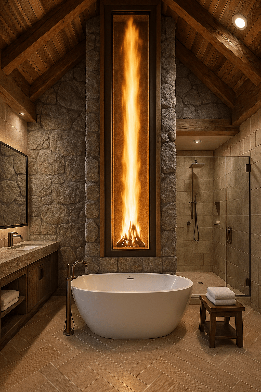 Luxury bathroom featuring a vertical fireplace behind a freestanding bathtub with stone walls and timber ceiling