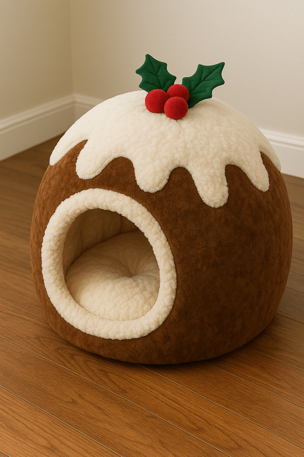 Brown Christmas pudding cat bed inspired by traditional festive dessert design