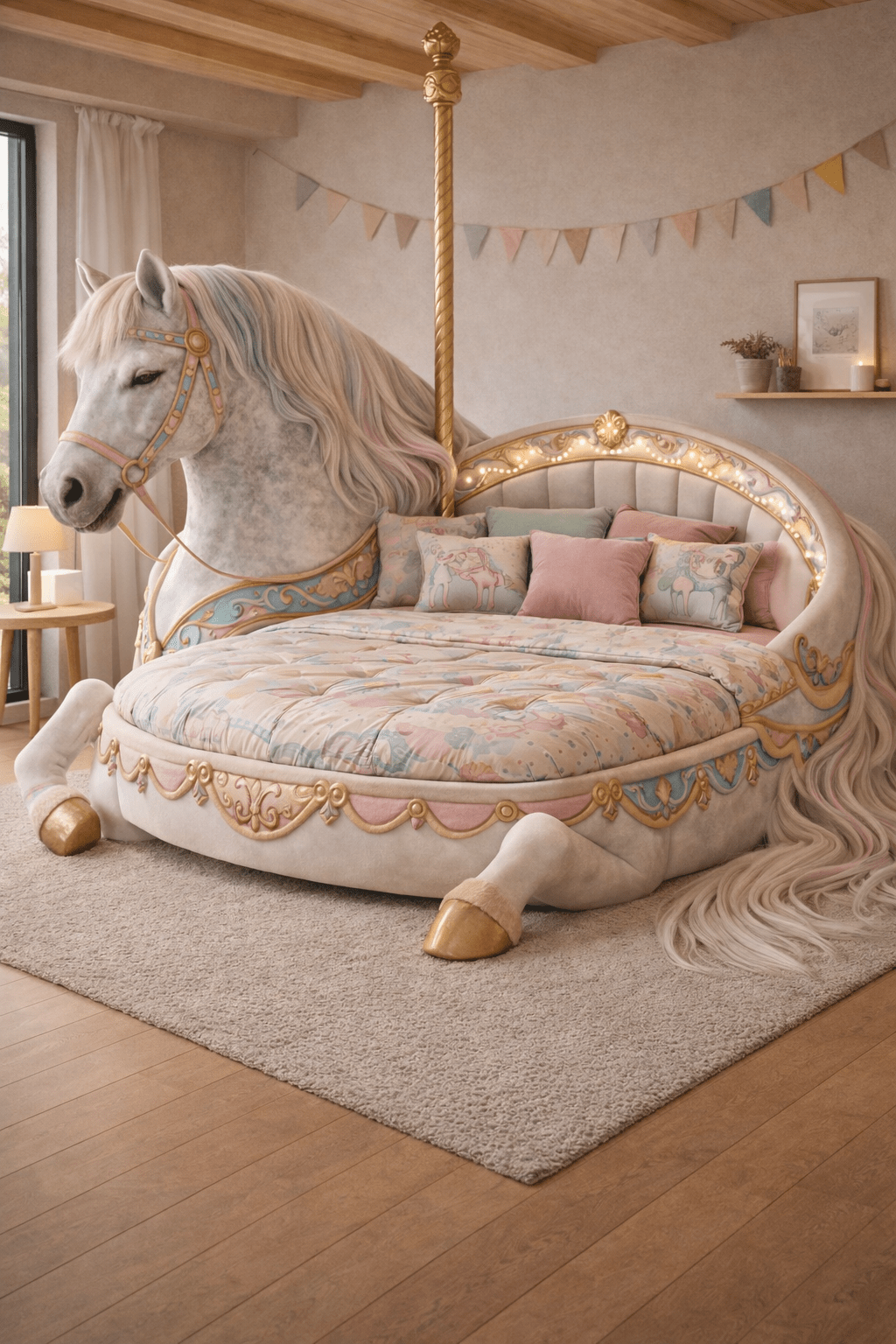 Pastel carousel-inspired horse-shaped statement bed with ornate detailing and soft bedding