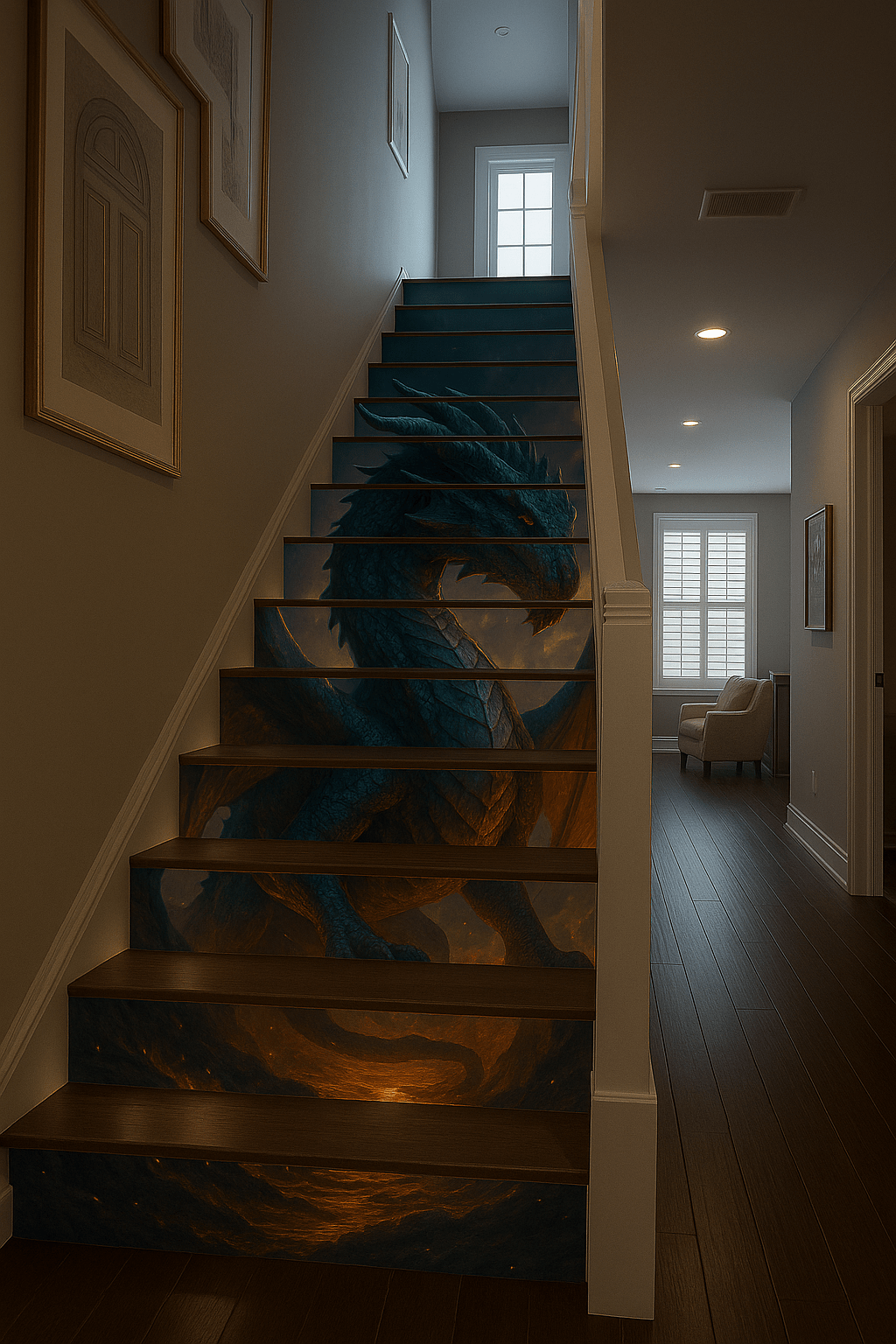 Dark dragon vinyl staircase artwork with cinematic lighting effects