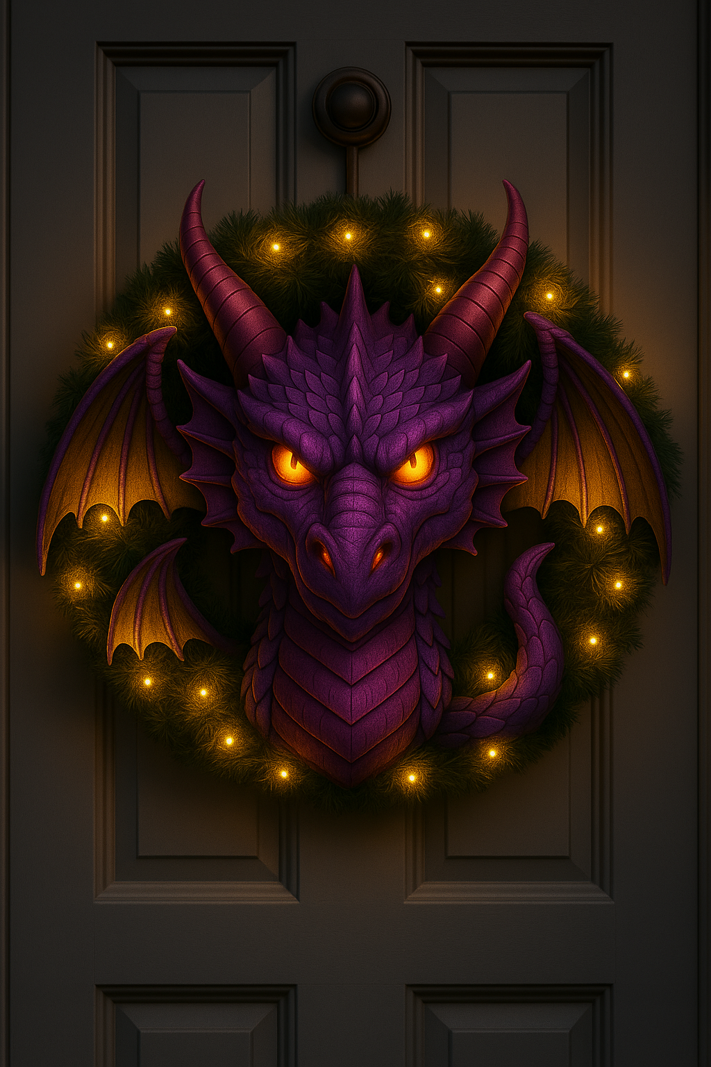 Purple dragon Christmas wreath with illuminated eyes, lush greenery and warm fairy lights on a dark front door