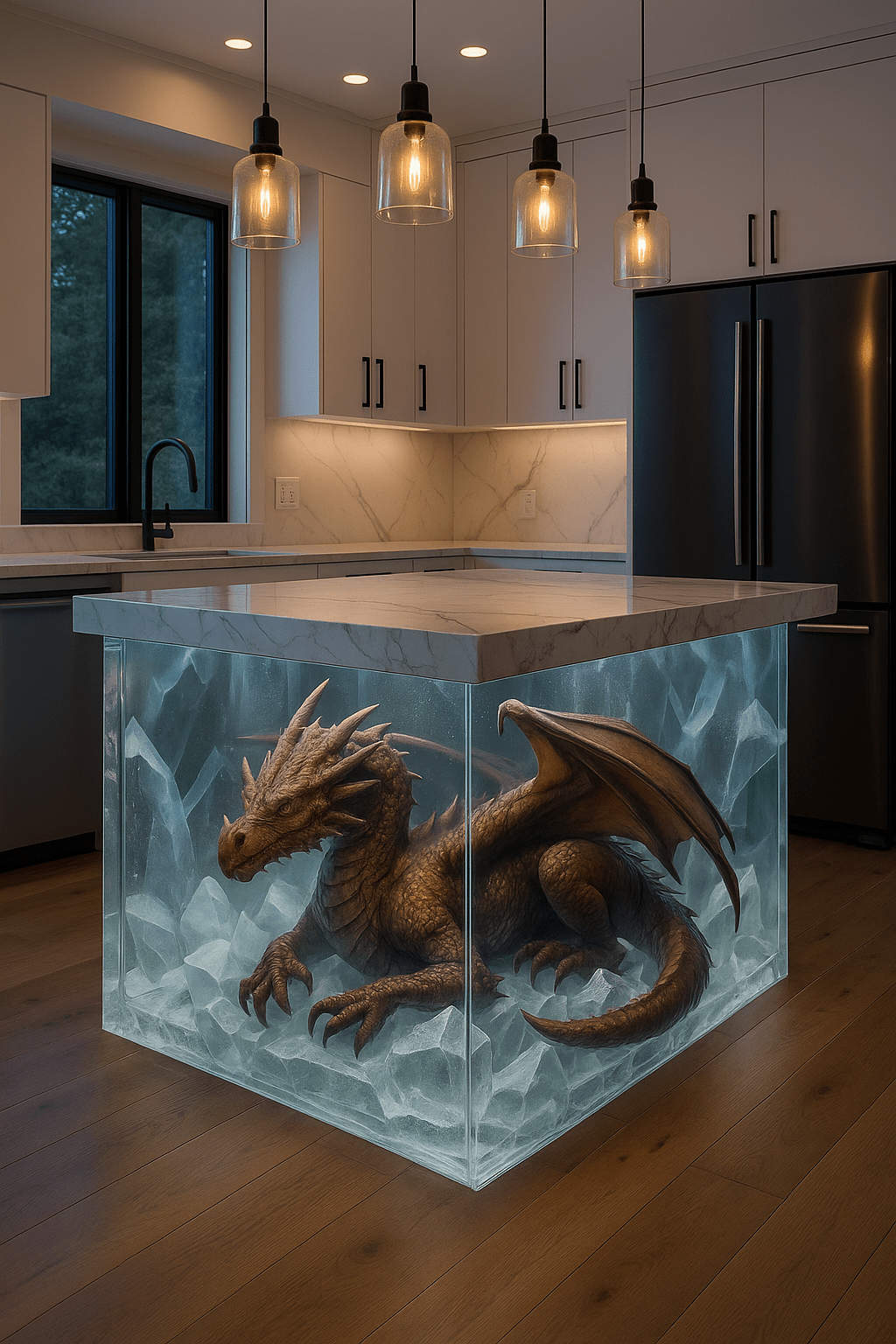Contemporary kitchen featuring a dragon encased ice resin island