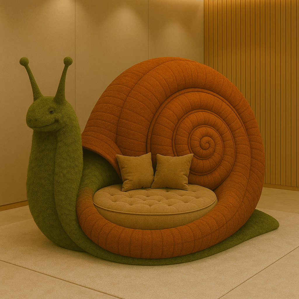 Oversized burnt orange and green snail-shaped armchair in a minimalist room