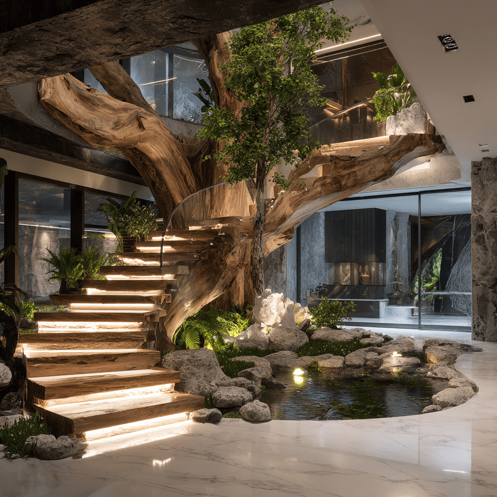 Organic staircase built around a tree with soft lighting and stone water feature