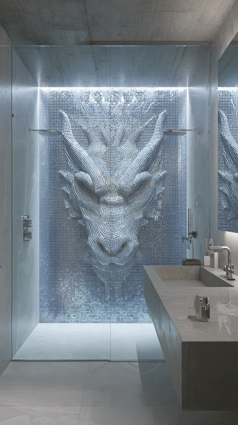 Ice blue dragon mosaic shower wall in a modern luxury bathroom with walk-in glass shower
