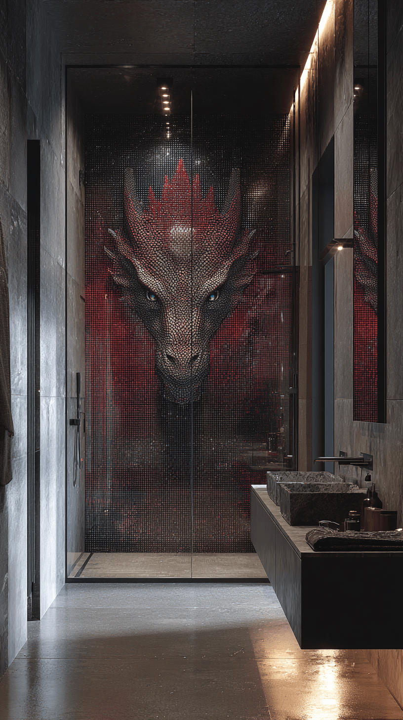 Dark red dragon mosaic shower wall creating a dramatic luxury bathroom interior
