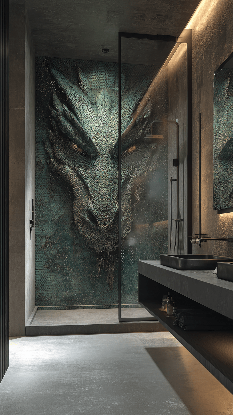 Green emerald dragon mosaic shower wall in a contemporary luxury bathroom