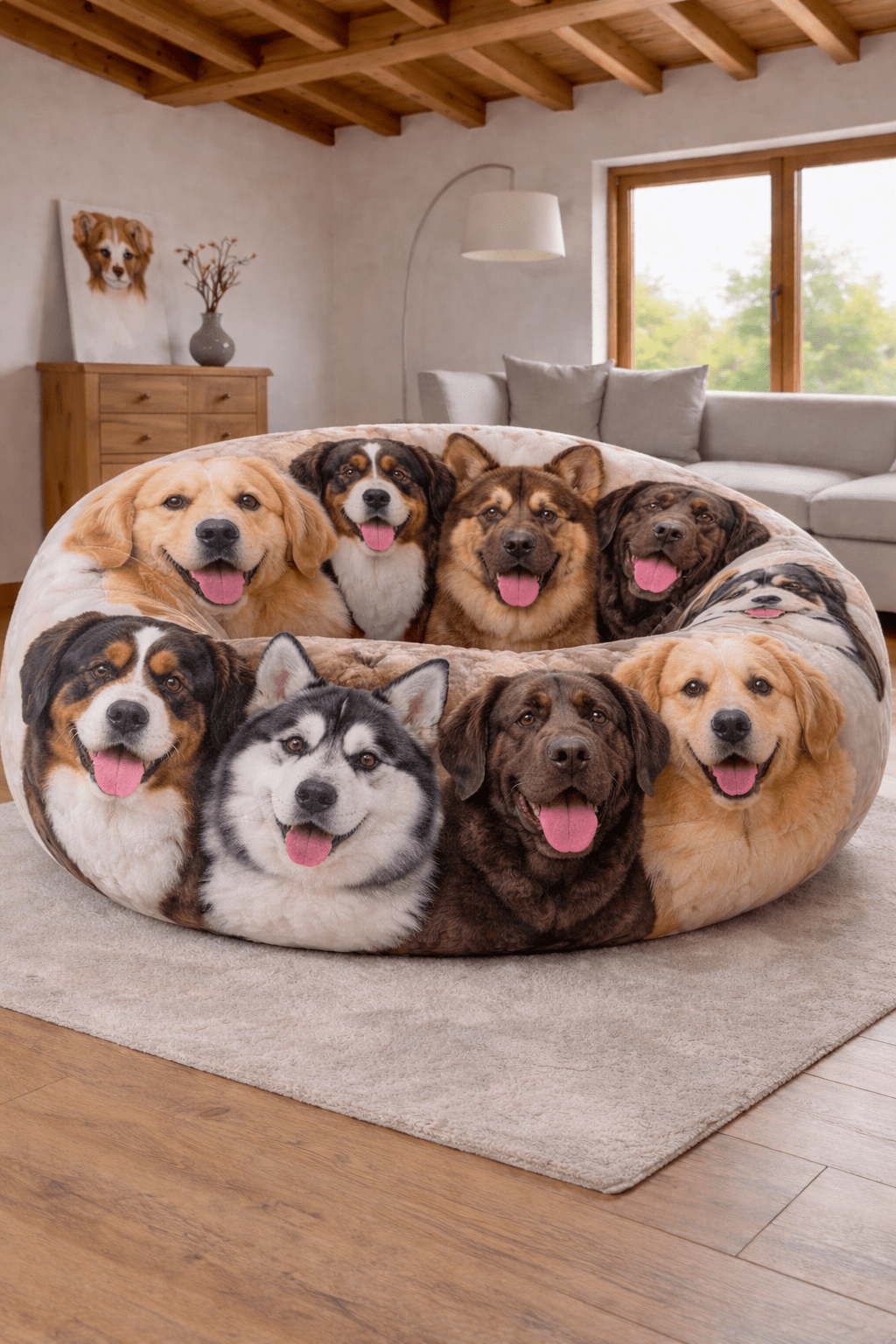 Oversized plush dog bean bag chair featuring large dog breed faces in a modern living room