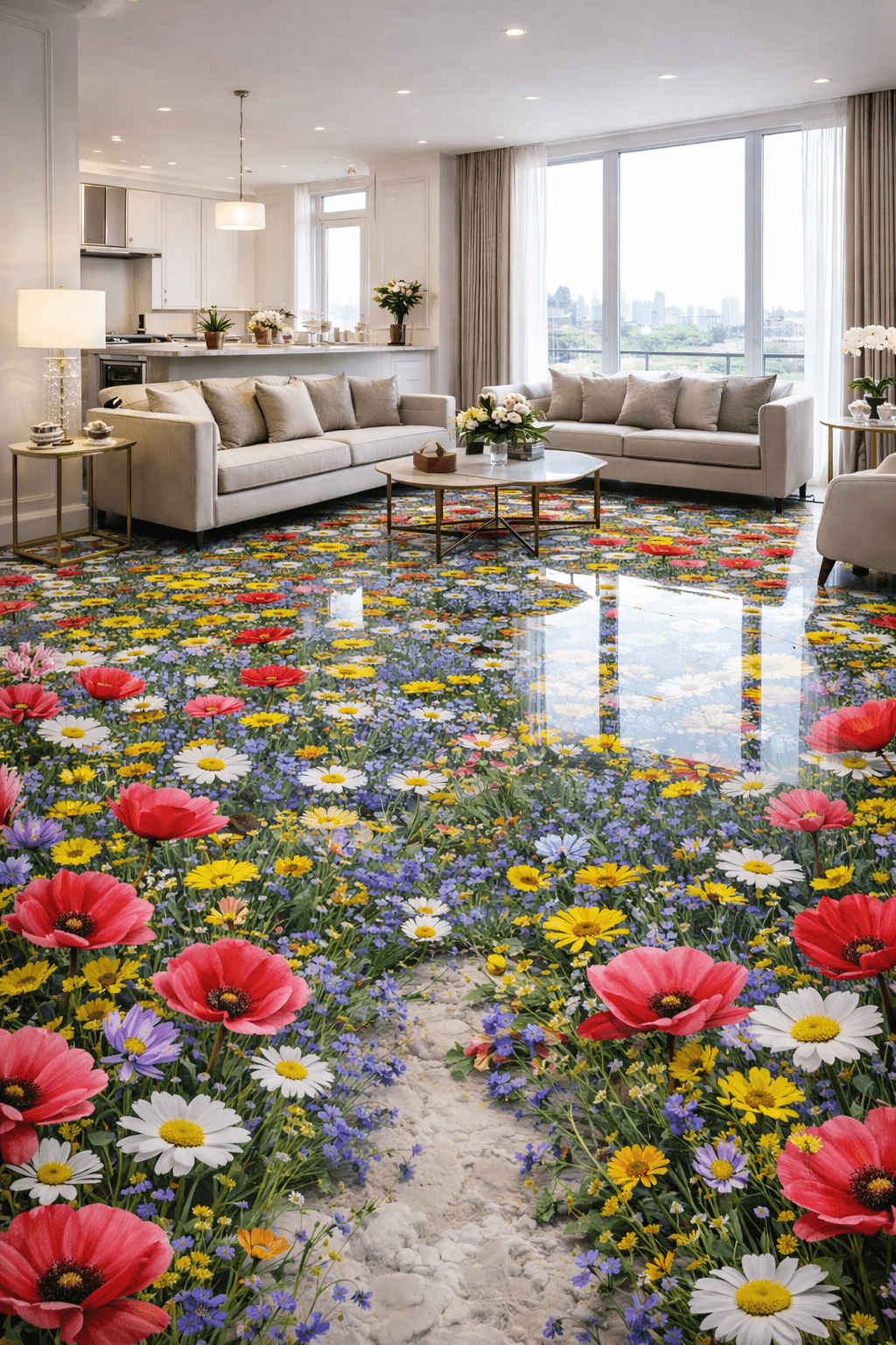 Seamless wildflower epoxy resin floor with reflective glass‑like surface