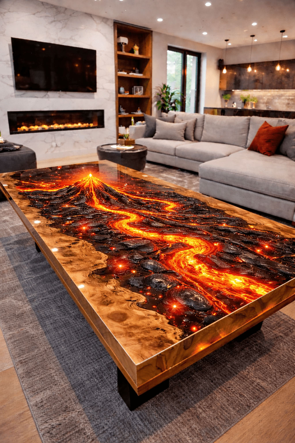 Rectangular volcanic rift resin coffee table with dramatic lava flow design