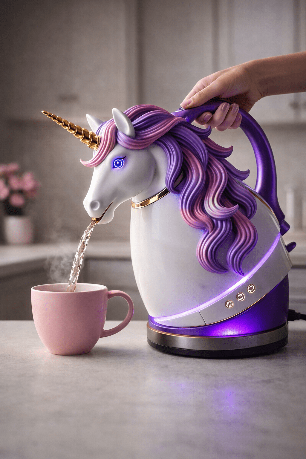 Unicorn electric kettle pouring boiling water into a pink mug