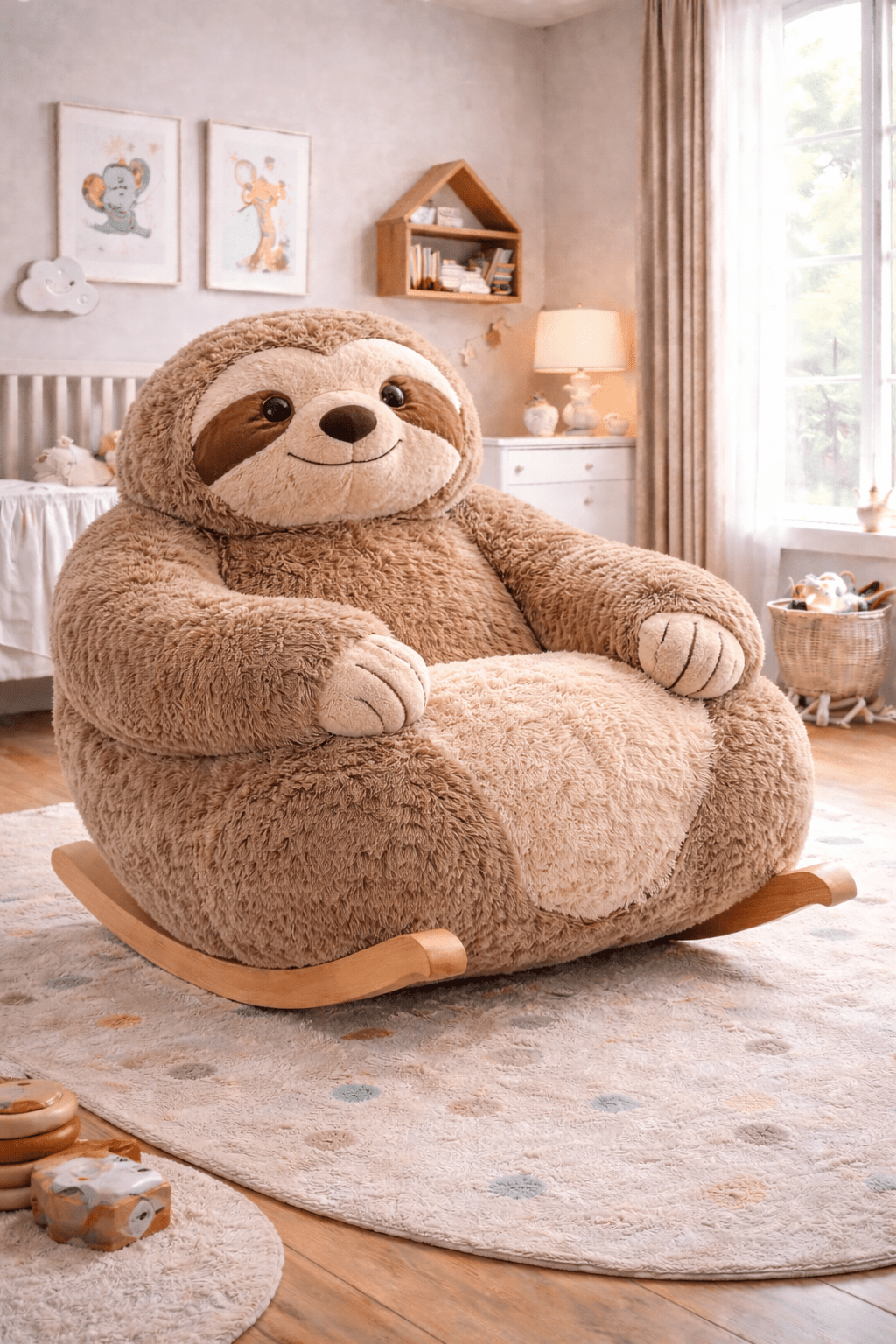 Plush sloth rocking chair with neutral tones in a calming playroom setting