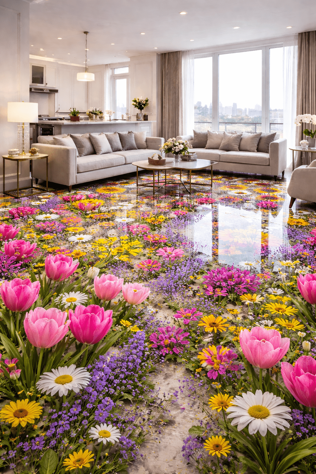 Colourful tulip and wildflower epoxy resin floor in modern open‑plan home
