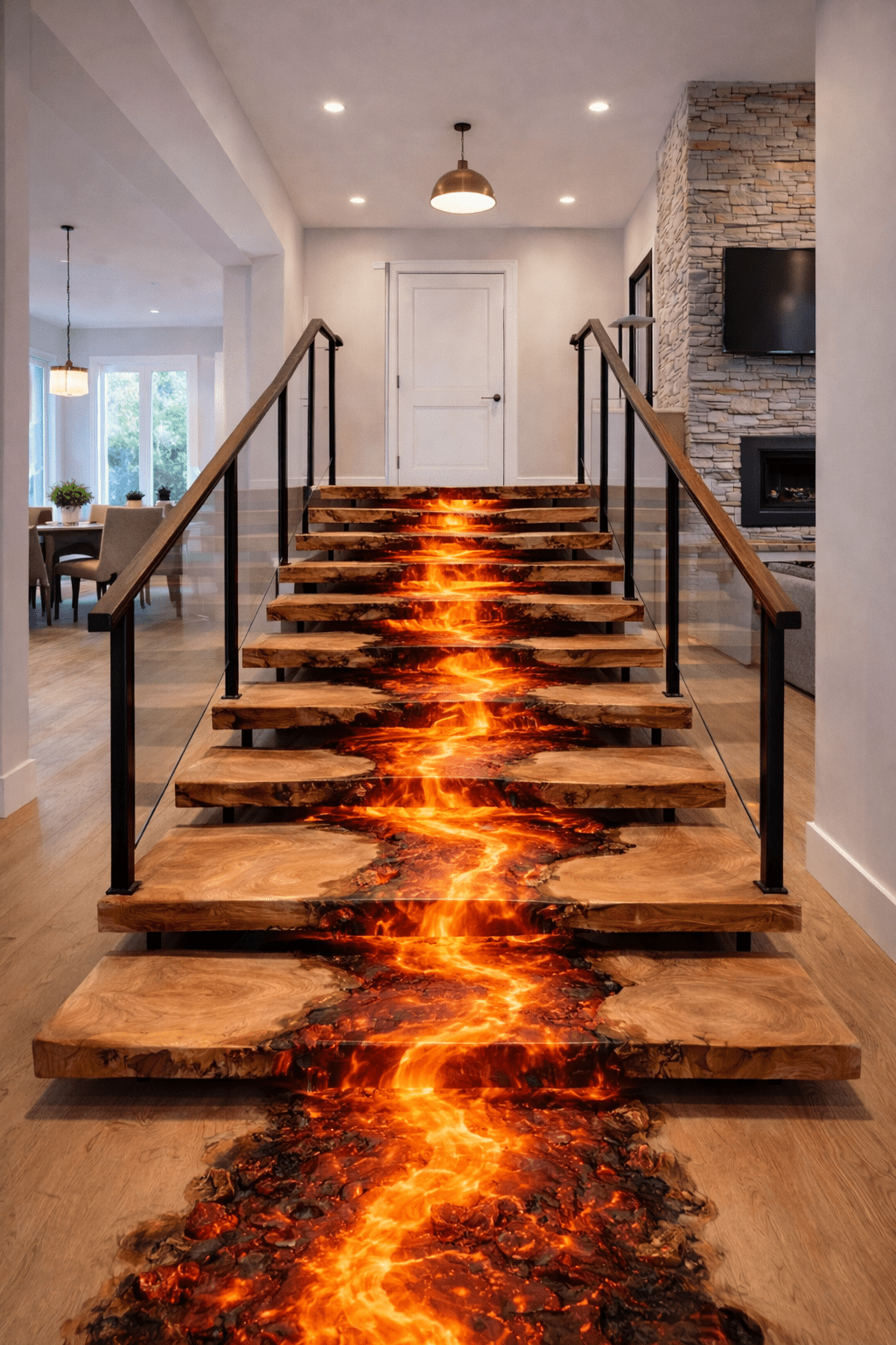 Dramatic epoxy staircase featuring fiery orange lava-inspired resin and natural wood