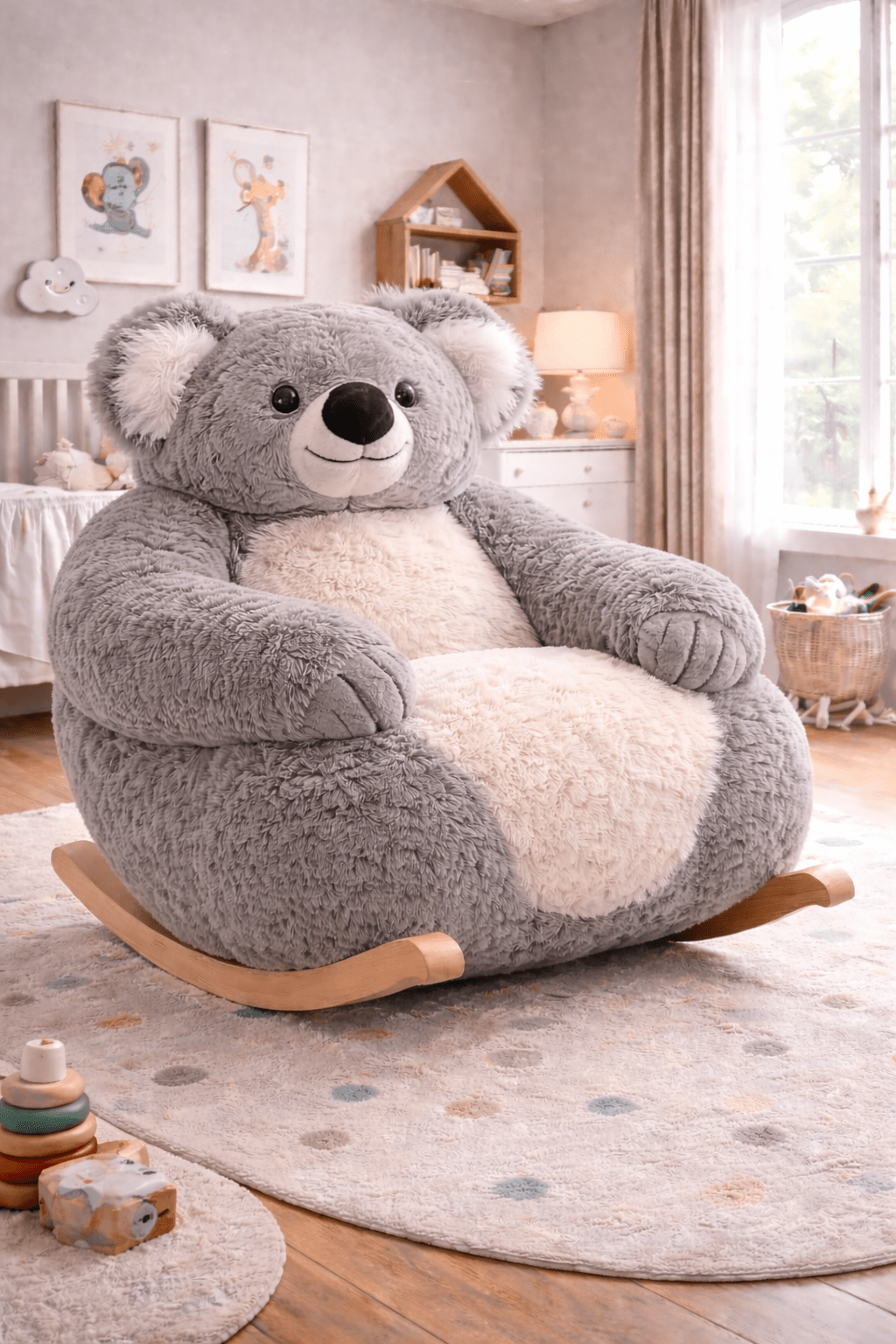 Soft grey koala rocking chair designed for cosy nursery seating