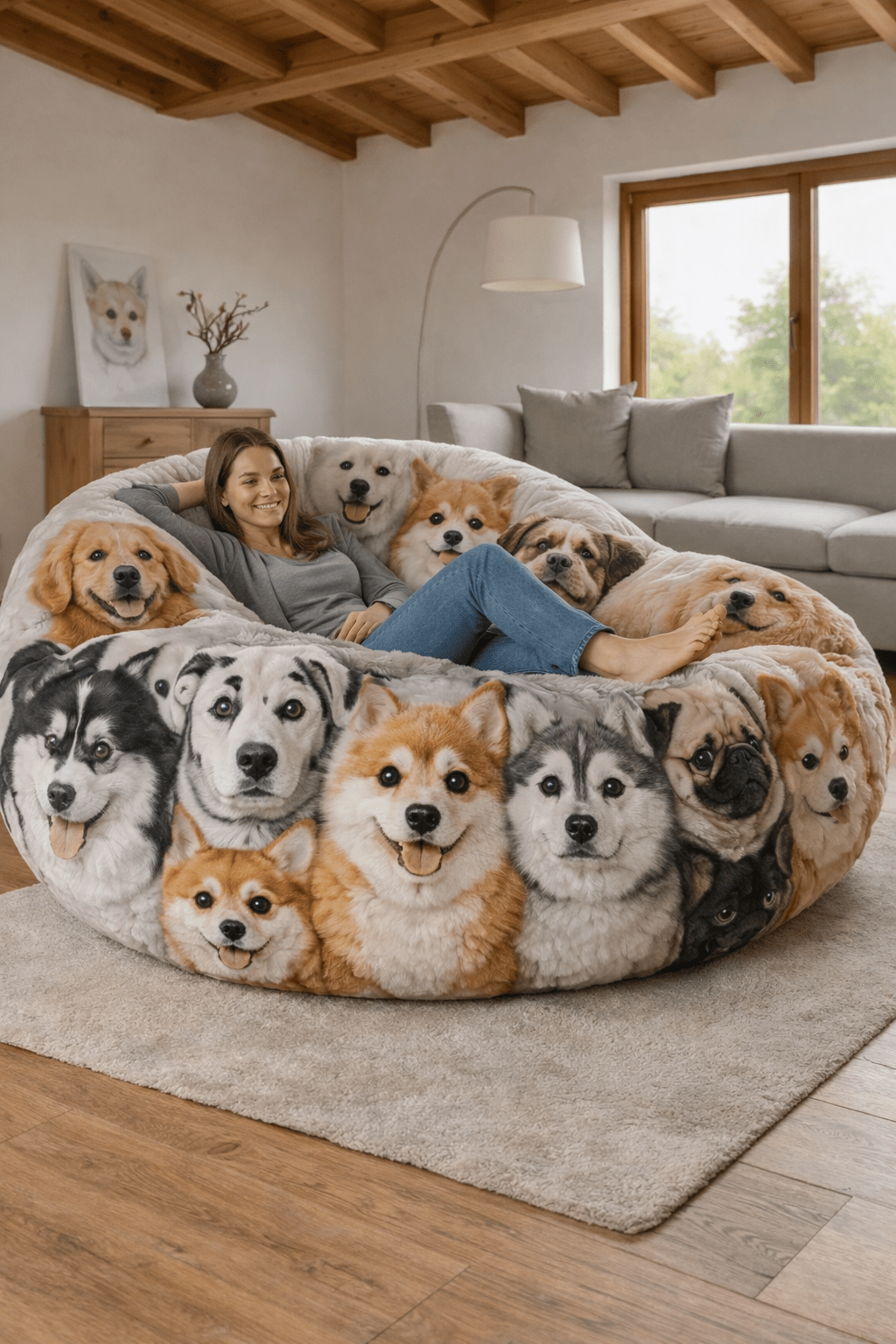 Woman relaxing on an oversized plush dog bean bag chair in a modern living room