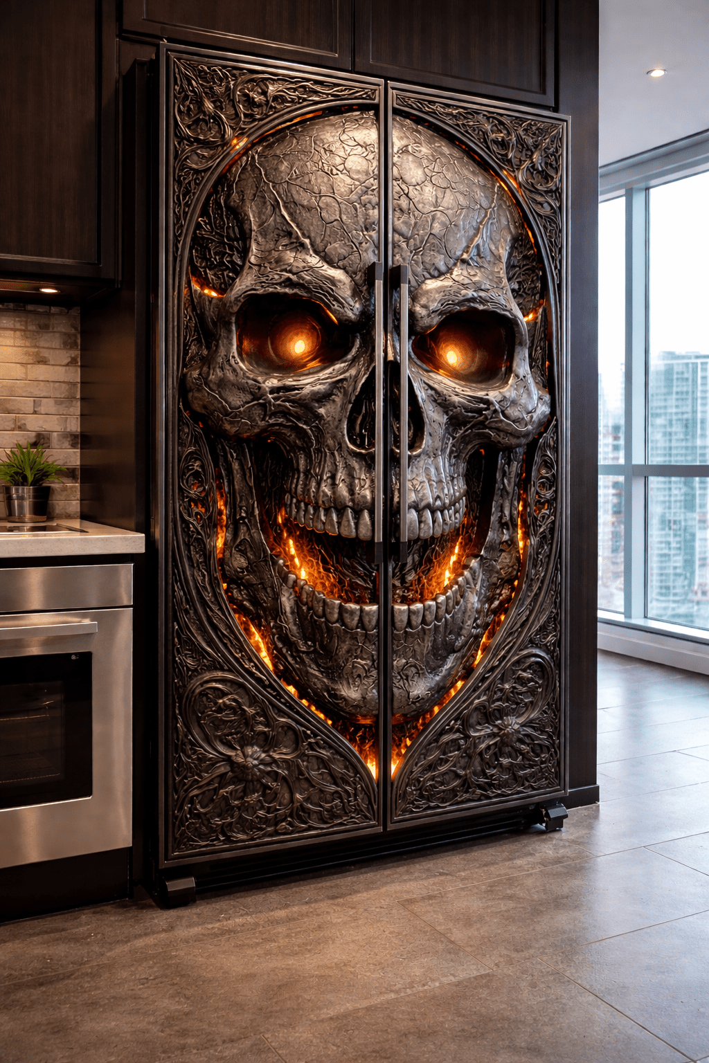 Gothic skull fridge with fiery orange glow and ornate dark metal detailing