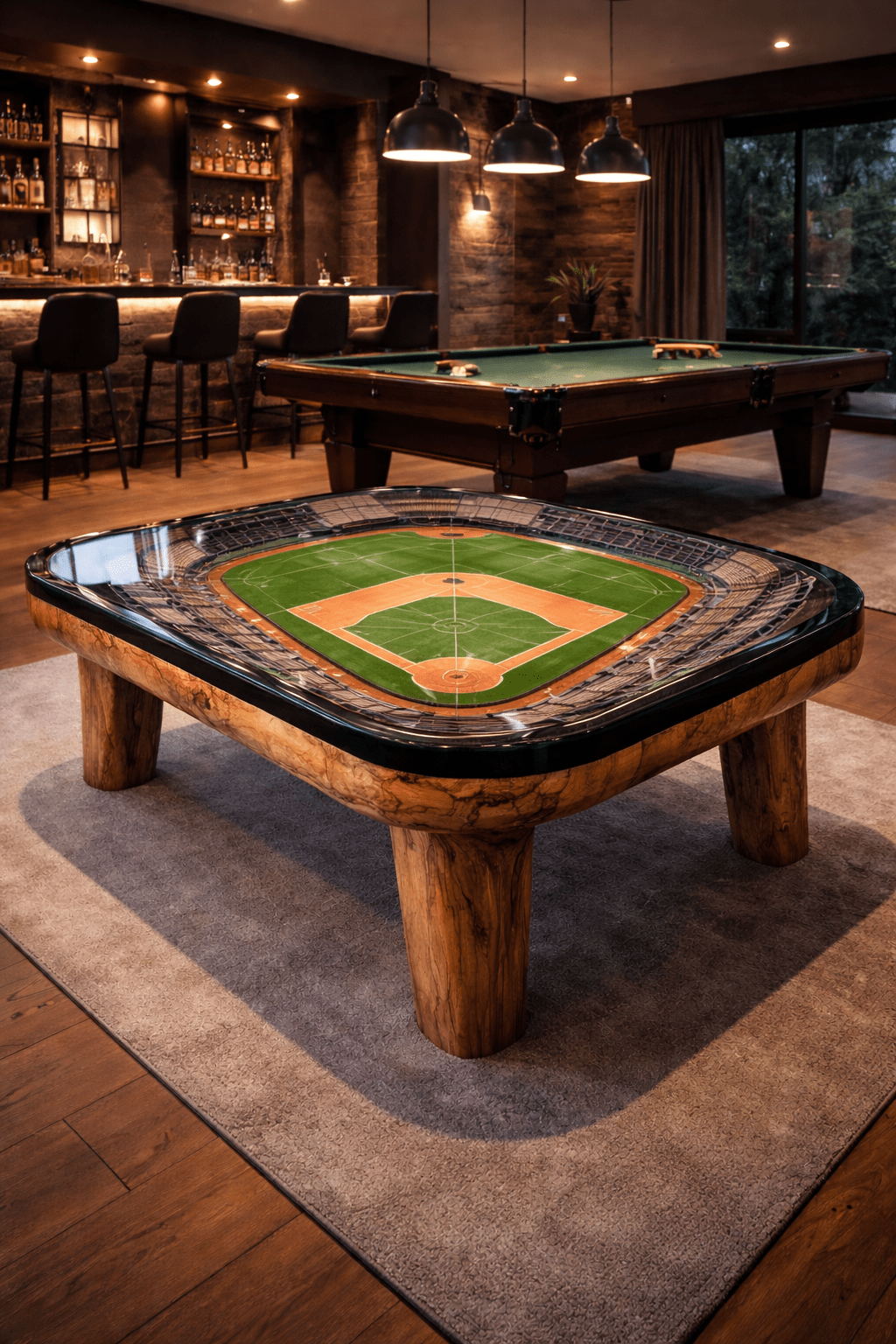 Handcrafted baseball stadium coffee table with resin top in a modern home bar