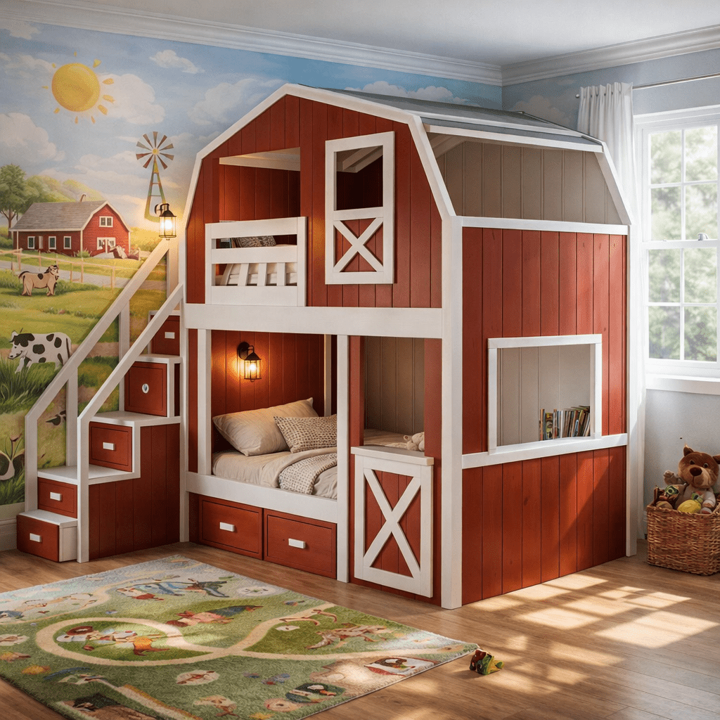 Red barn-style children’s bed with built-in stairs, storage drawers and cosy sleeping nook