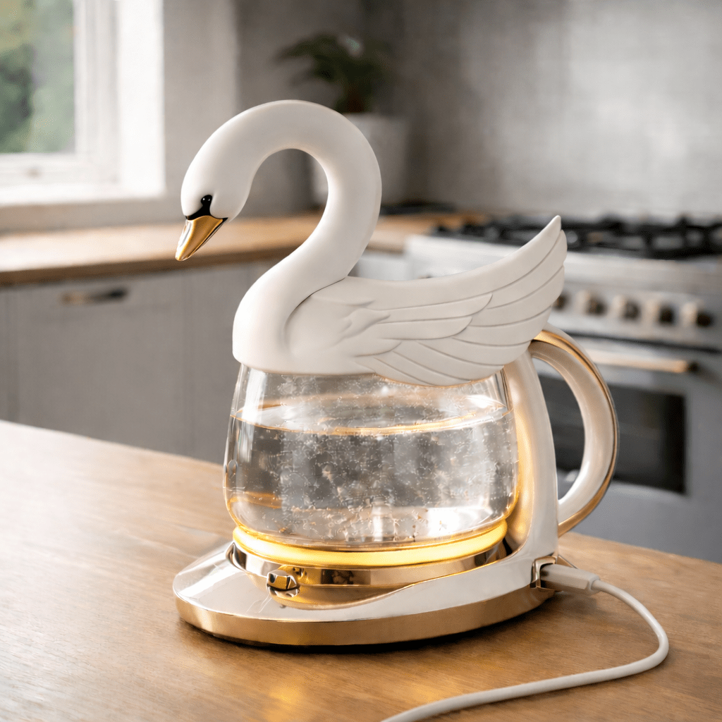 Elegant white swan kettle with illuminated glass body on a modern kitchen worktop