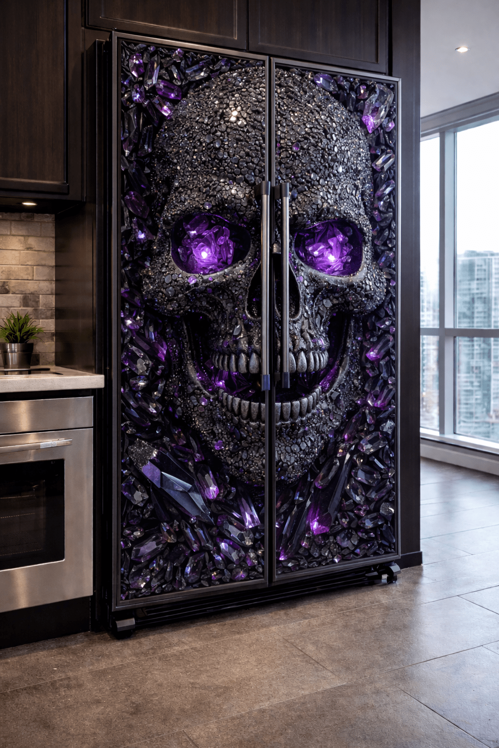 Black crystal skull fridge featuring amethyst-style textures and purple LED eyes