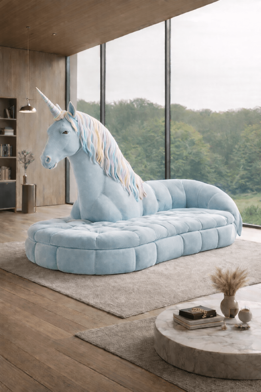 Pastel blue oversized unicorn chaise lounge with tufted base in a modern living room