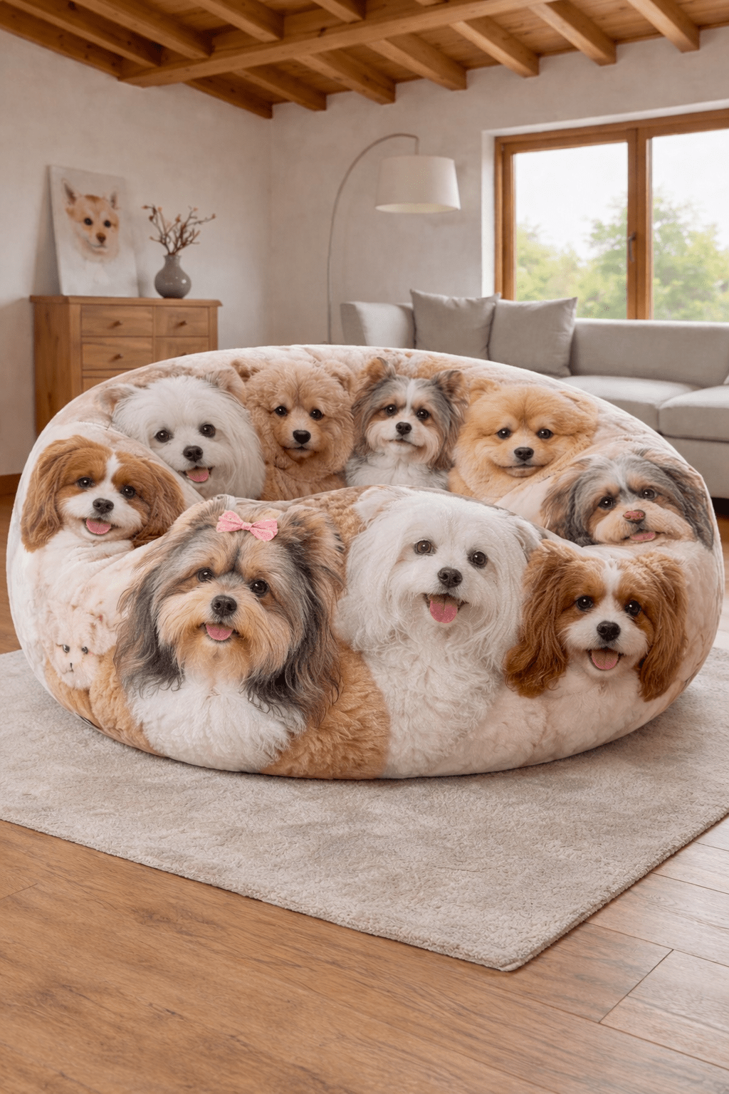 Oversized plush bean bag chair with small dog breed faces in a cosy interior