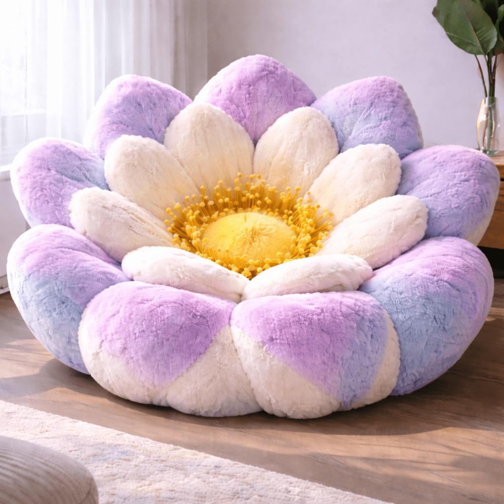 Oversized plush flower petal chair in pastel purple, blue and cream tones