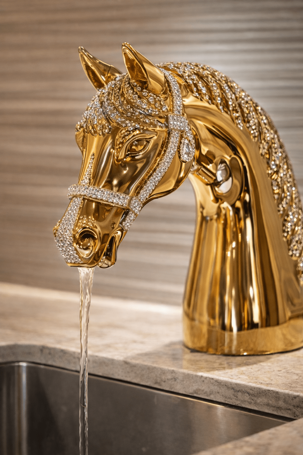 Polished gold faucet with crystal detailing in premium kitchen