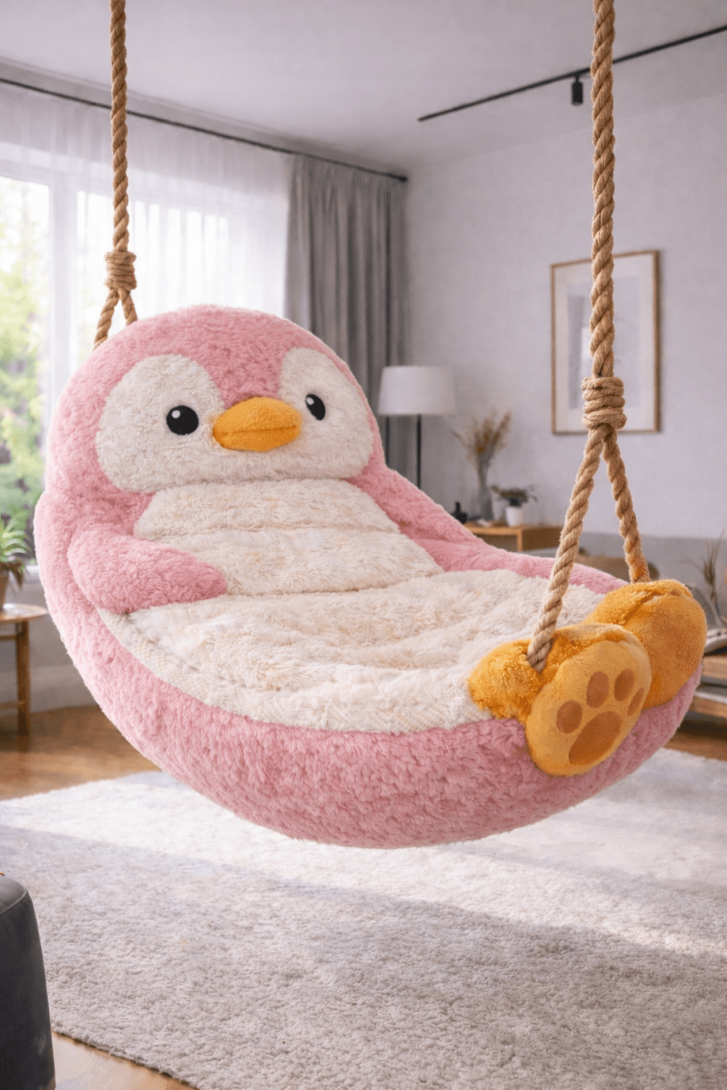 Soft pink penguin hanging swing chair suspended in a modern living room