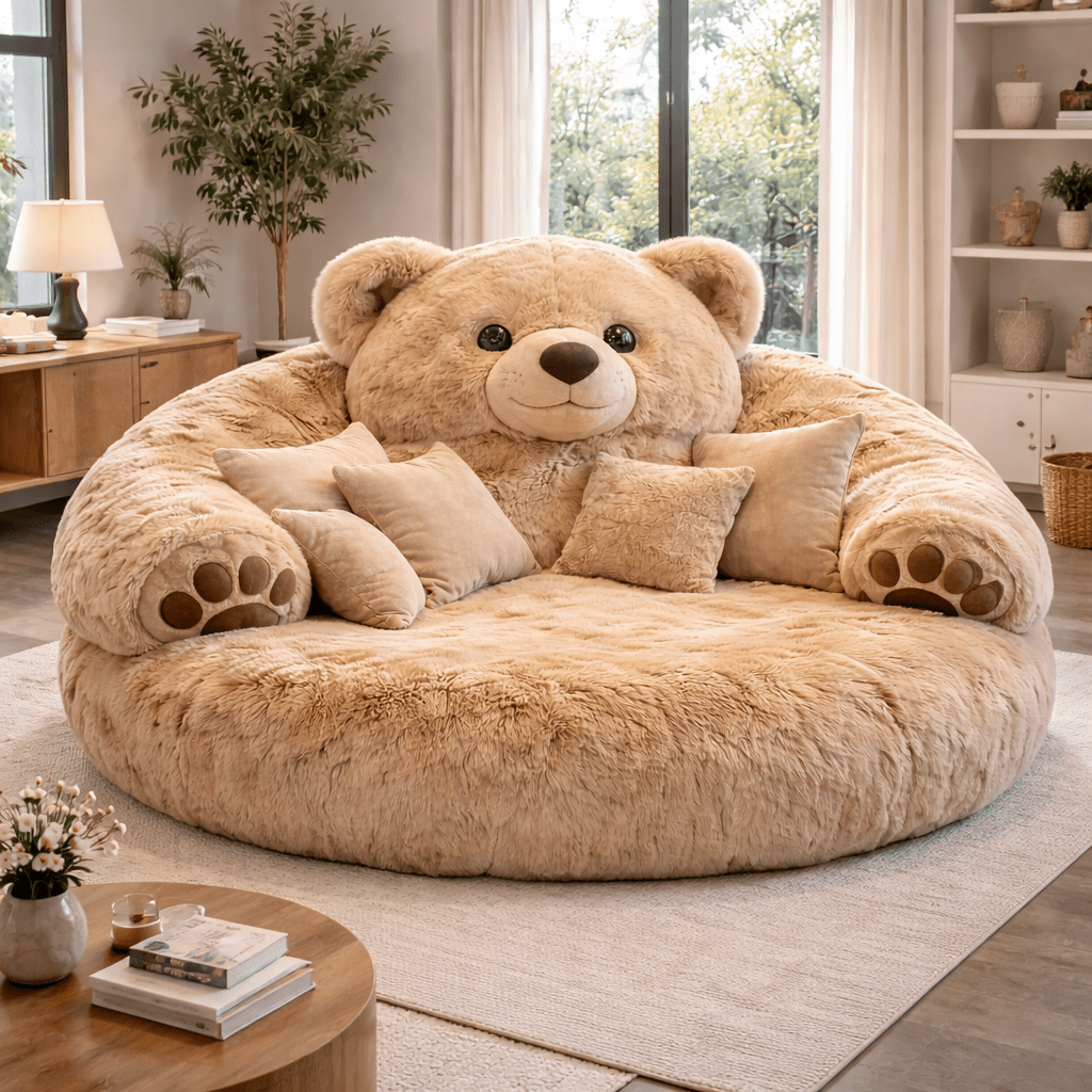 Large beige teddy bear plush sofa with paw armrests and soft cushions