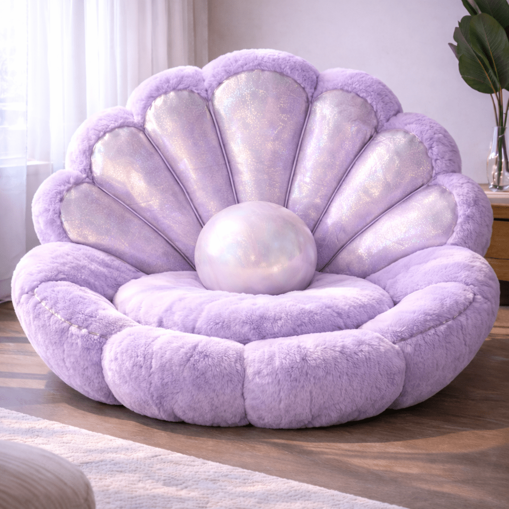 Lilac shell-shaped plush chair with shimmering pearl centre cushion