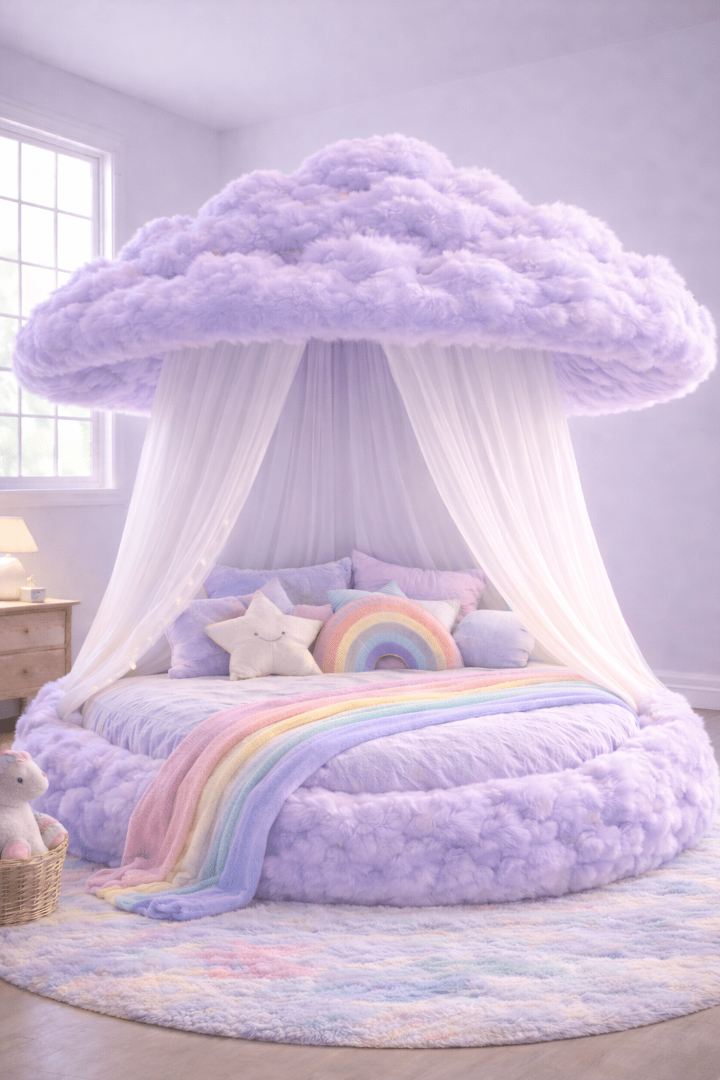Lavender cloud canopy bed with pastel rainbow bedding and soft plush textures