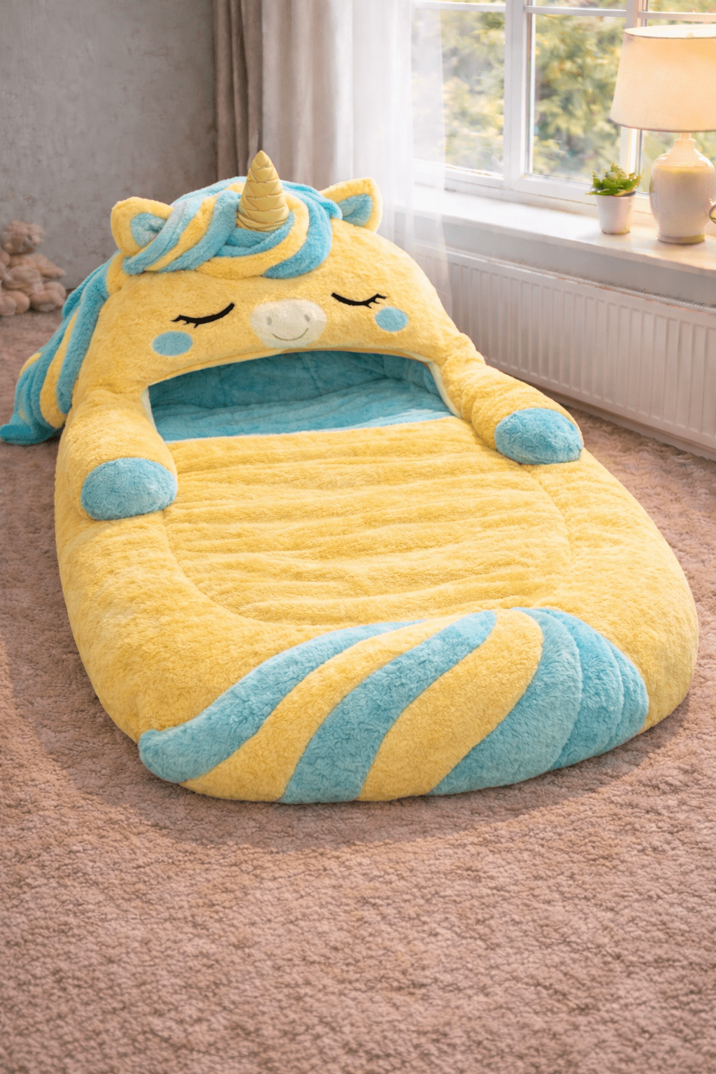 Bright yellow and blue unicorn sleeping bag with soft padded sides on carpeted floor