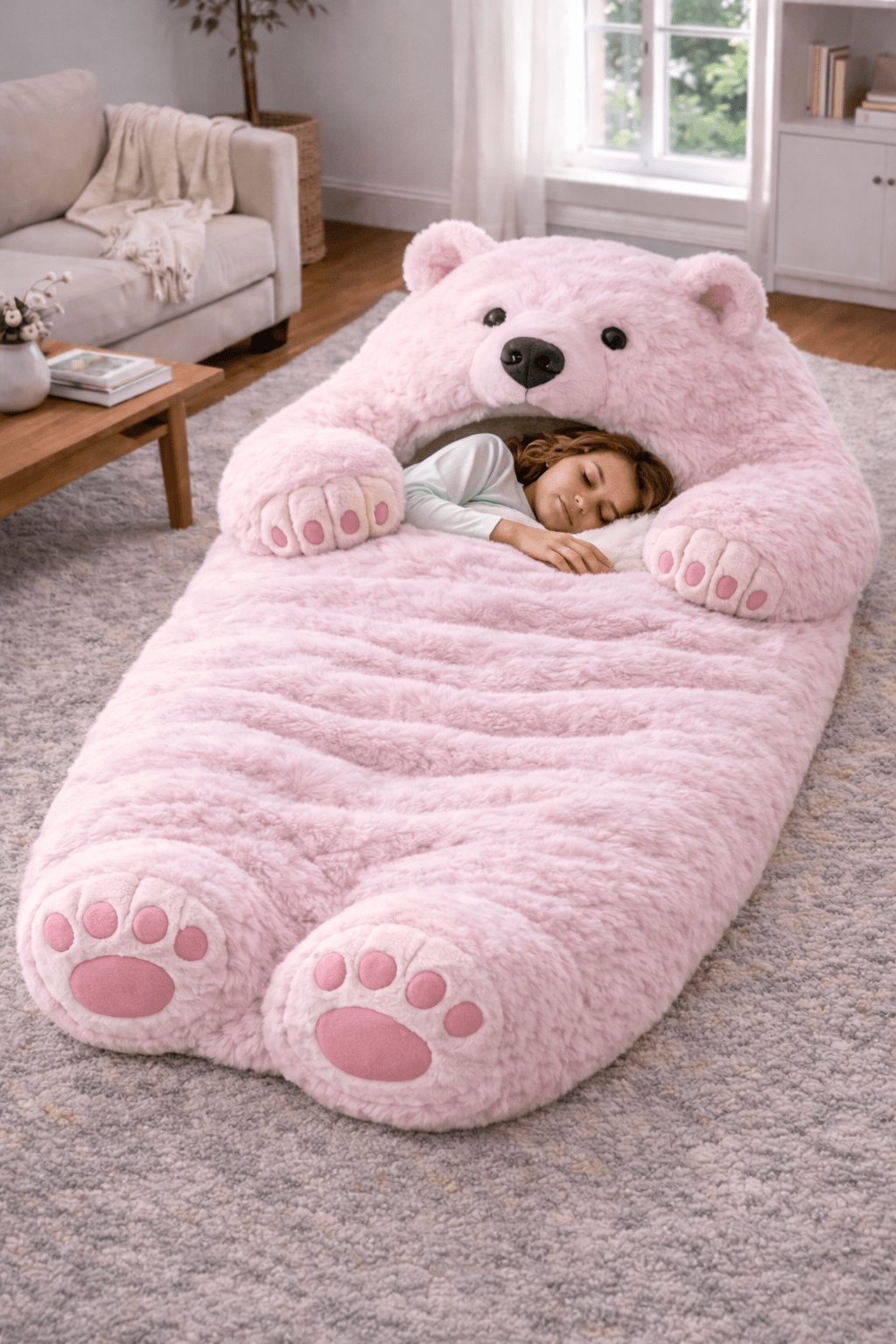 Soft pink oversized plush bear sleeping bag with child sleeping inside in cosy living room