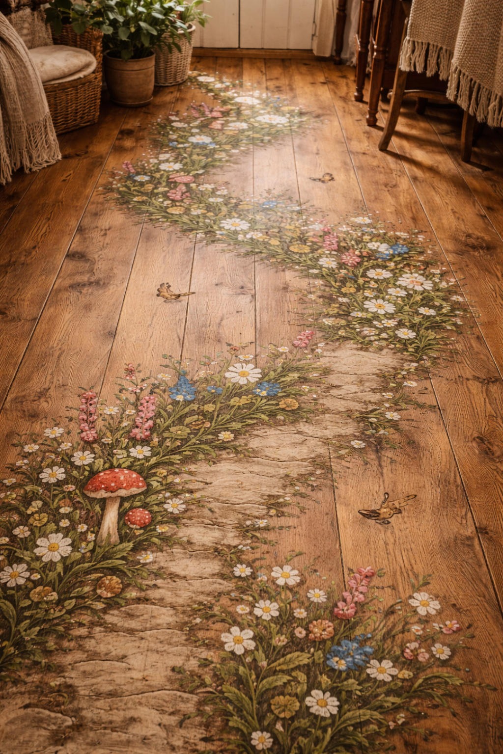 Storybook-style woodland path floor design with wildflowers and butterflies on rustic wooden flooring