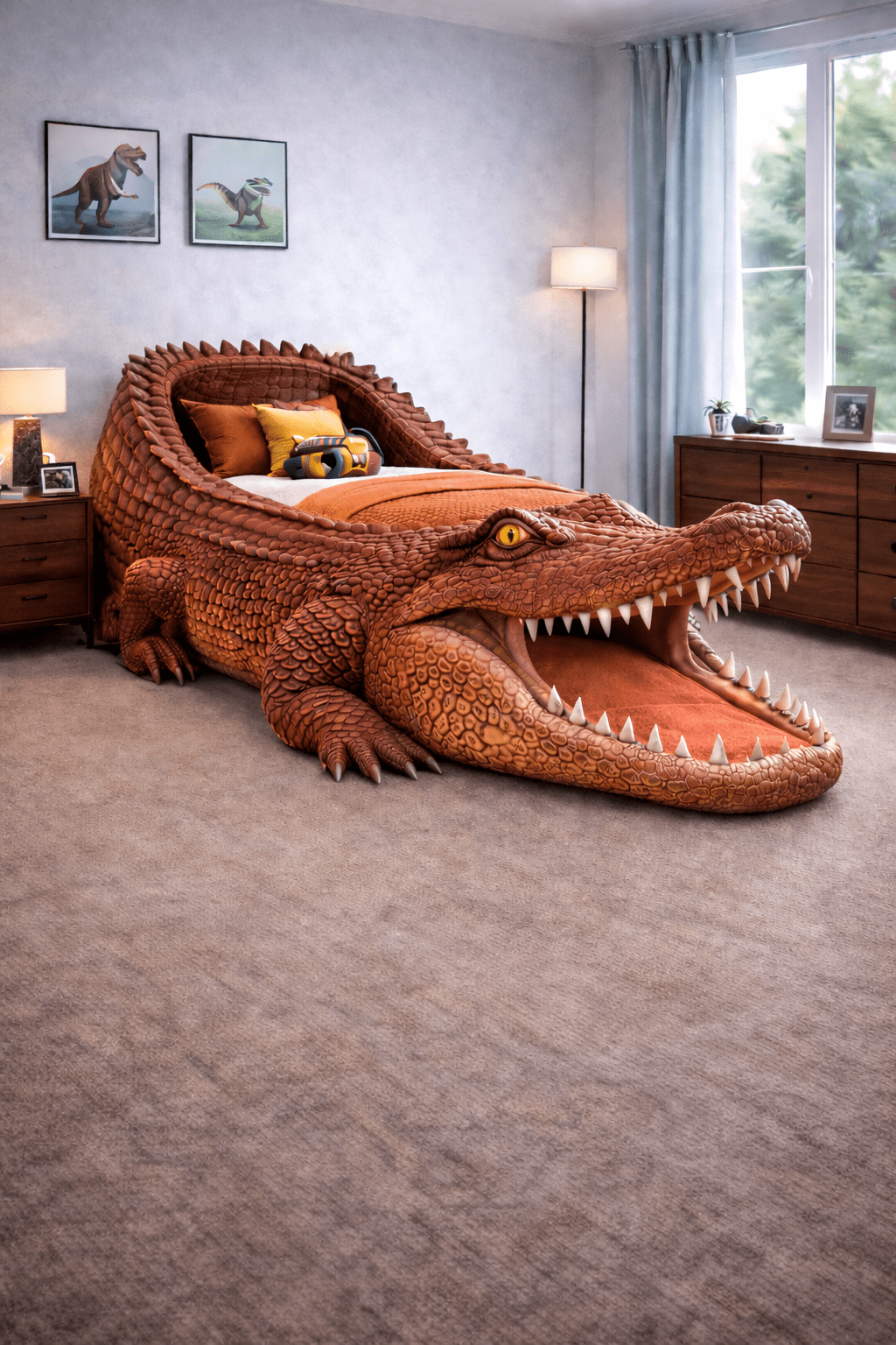 Orange crocodile-shaped novelty bed with open mouth design and textured scales