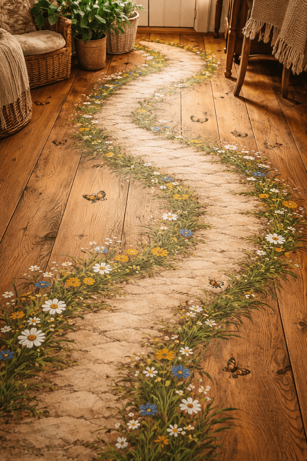 Painted enchanted woodland garden path floor with daisies, butterflies, and soft greenery