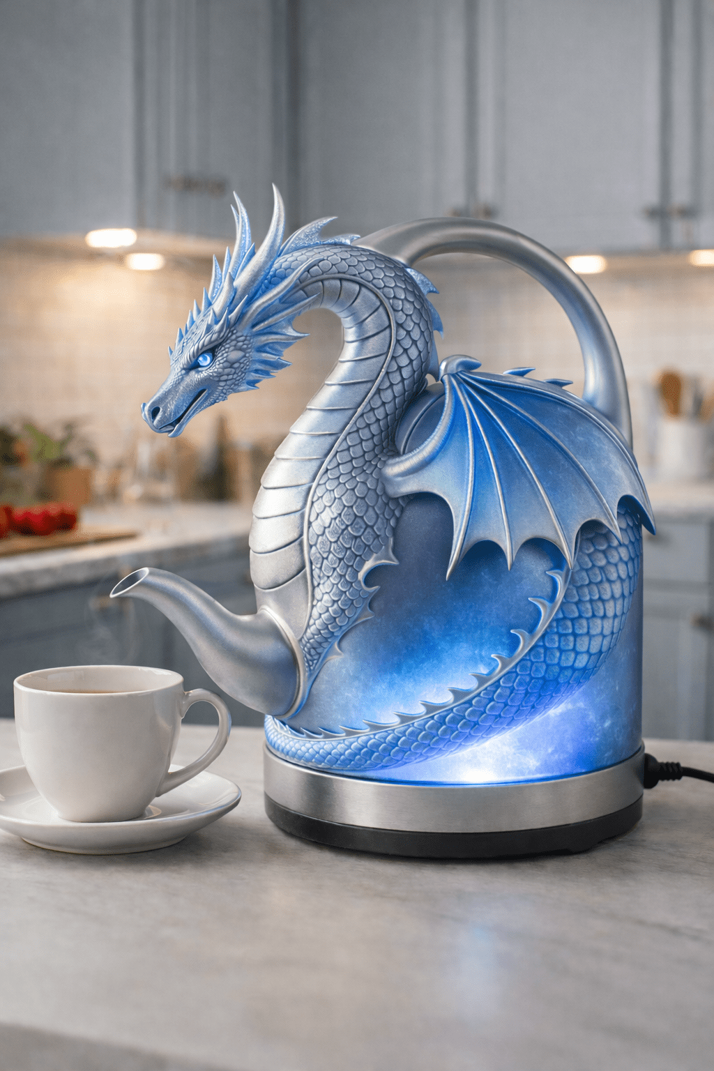 Ice blue dragon kettle with metallic scales and soft LED glow in a contemporary kitchen