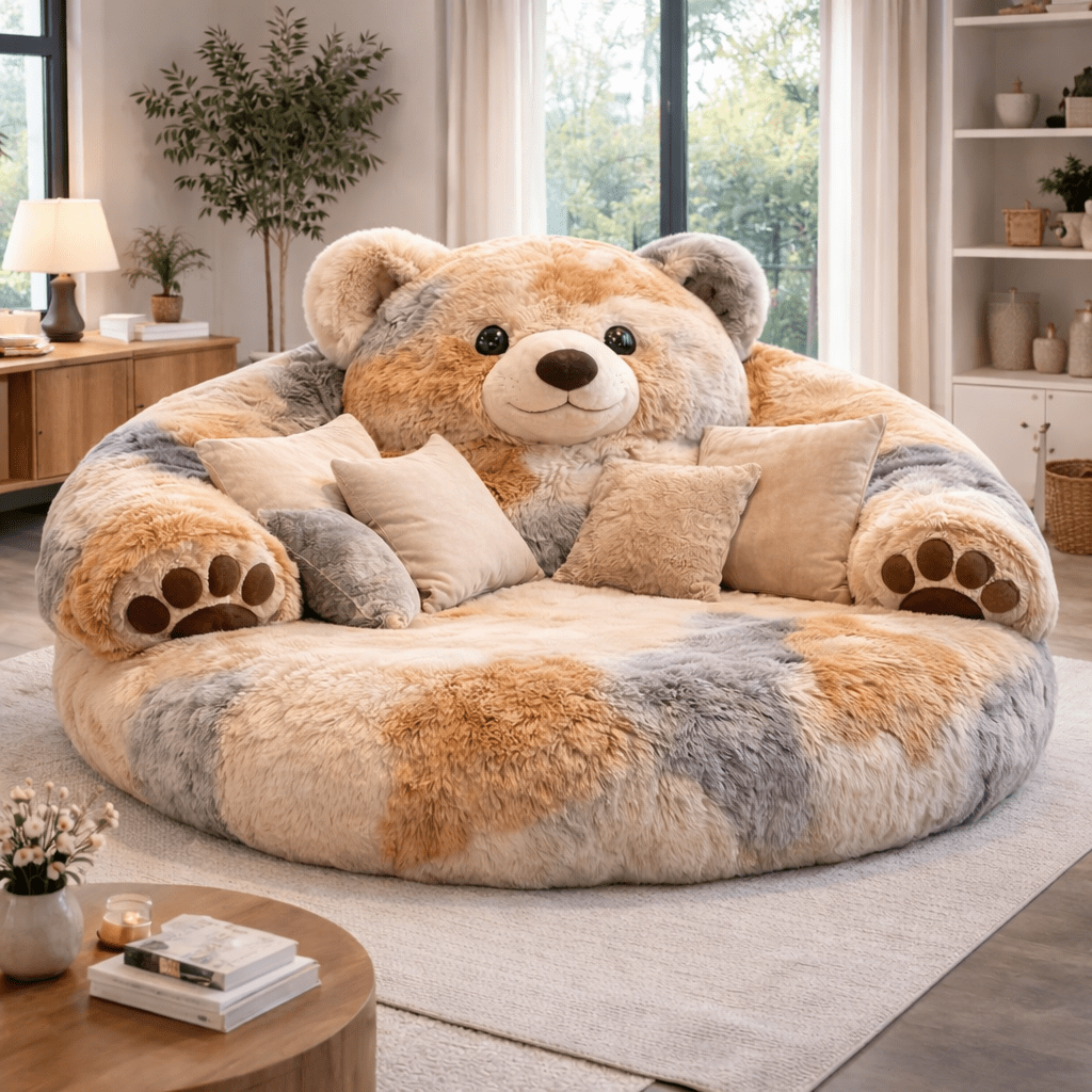 Oversized patchwork teddy bear plush sofa with beige and grey faux fur in modern living room