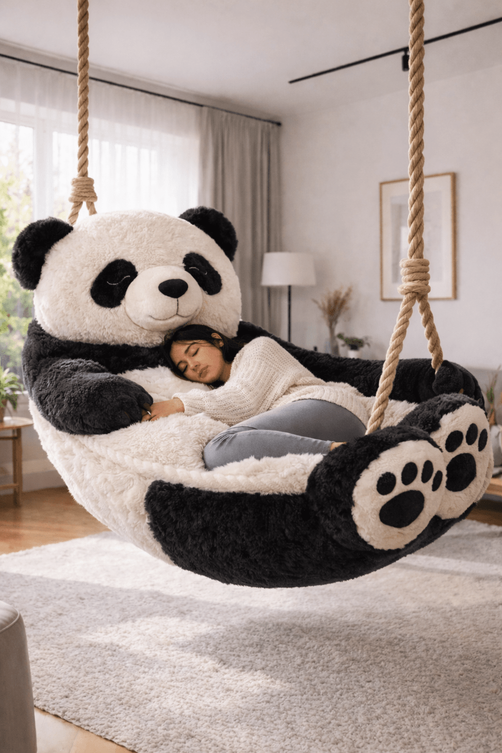 Oversized panda plush hanging chair with deep cushioned seat