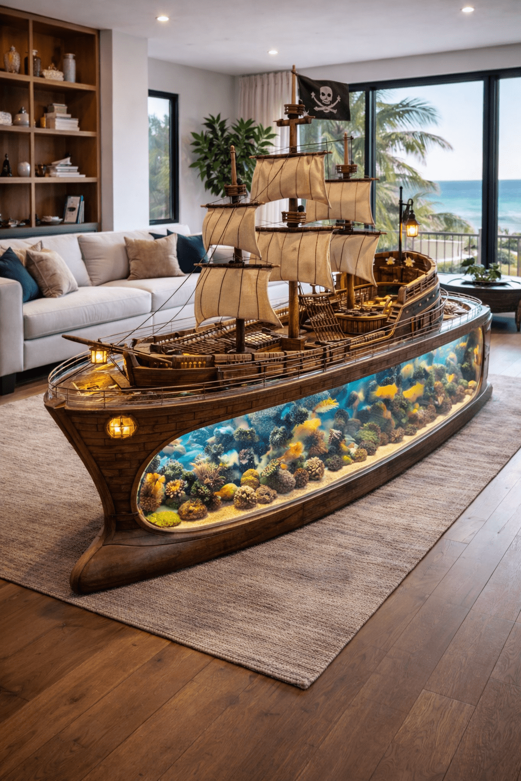 Pirate ship-shaped aquarium coffee table with detailed sails and tropical fish tank base